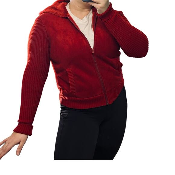 Y2K Cherry Red Faux Suede Leather Jacket Hooded Knit Vintage Faux Fur - Picture 5 of 11